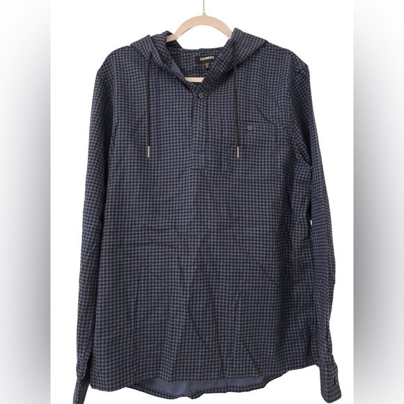 Express Men’s Navy Blue and Black Houndstooth Pattern Hoodie M - Picture 1 of 5